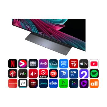 LG OLED evo AI C6 visar en delad skärm med en planet-och-stjärnscen och jämför en matt anti-glare-skärm med sin Perfekt svart och Perfekt färg-skärm för tydligare bildkvalitet oavsett belysning, med stöd av UL-certifiering och Intertek-certifieringar för färgvolym och färgåtergivning.